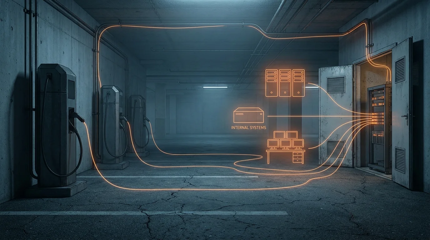 Conceptual illustration: untrusted EV chargers in an underground garage connected via glowing orange data lines to a corporate server rack and abstract icons of an INTERNAL SYSTEMS box, server rack, and workstation cluster — illustrating the IoT attack surface conventional EV charging adds to a network.