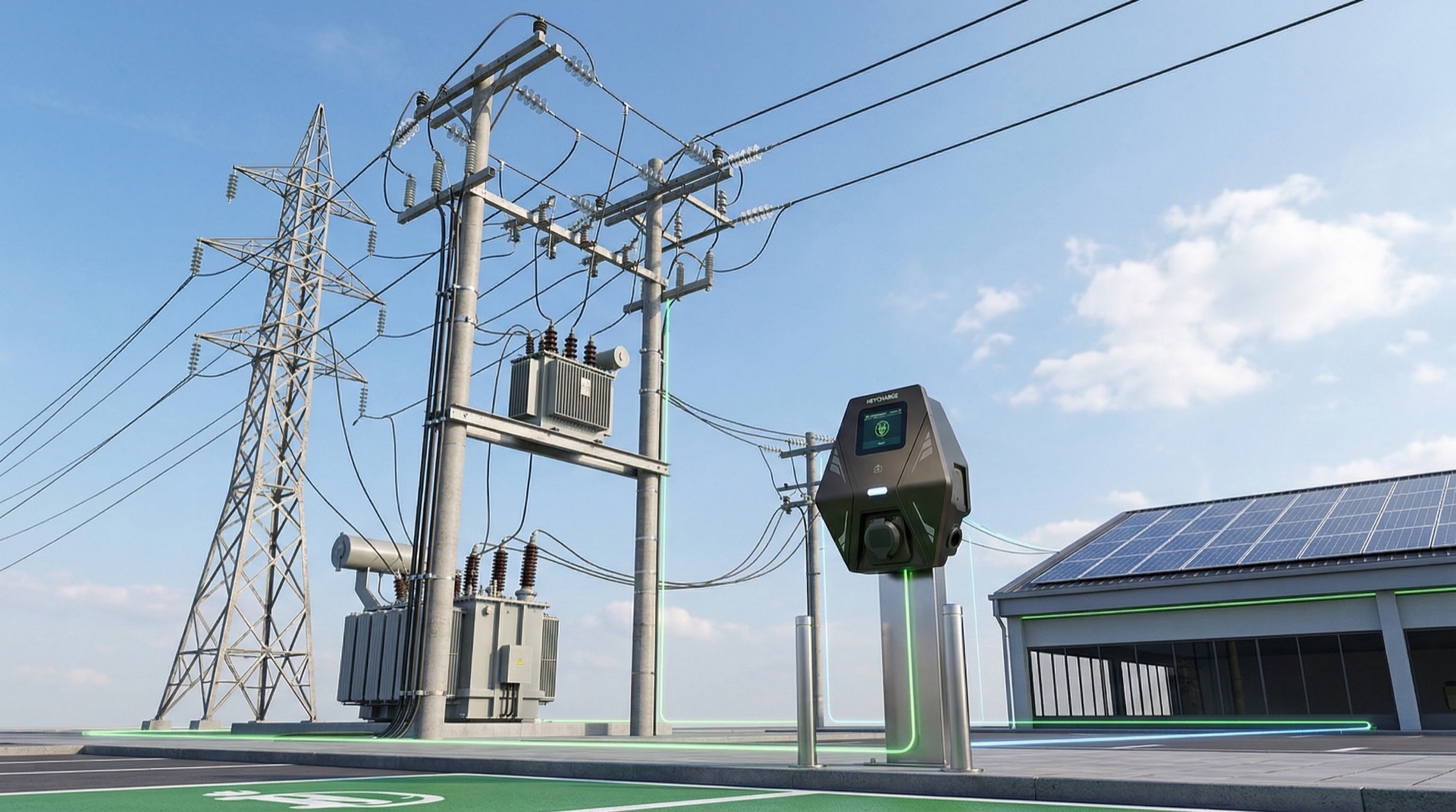 Power distribution infrastructure with EV charging station and solar panels